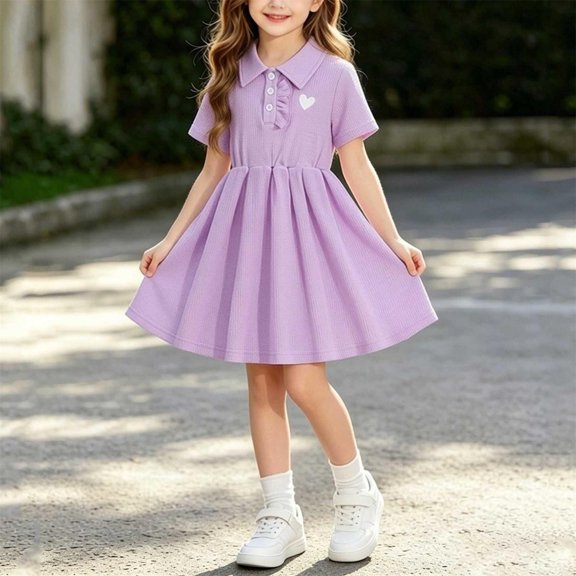 DJDLJWCJ Girls School Uniform polo Dress 2-7 Cute Printed Button Lapel Short Sleeve Dress Summer Casual Dress Purple Size 6