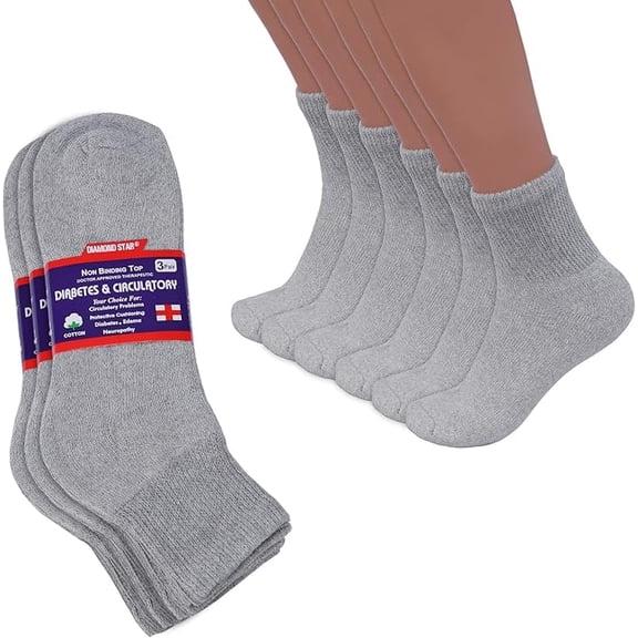 Diamond Star Diabetic Ankle Socks - Non Binding Quarter Socks for Men & Women, Cushion Circulatory Socks (Grey - 3 Pairs, Socks Size 9-11, Fit Women's Shoe Size 5-10)