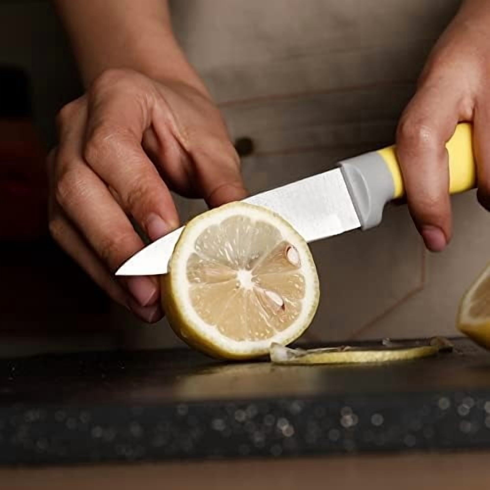 Kitchen Knife Block Set, 14 Pieces Knife Set with Wooden Block & Sharpener Steel & All-purpose Scissors, High Carbon Stainless Steel Cutlery Set (Yellow)
