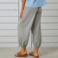 thumbnail image 3 of Women High Waist Linen Capri Pants Drawstring Elastic Waist Loose Cropped Trousers Side Pockets Button Cuff Casual Joggers, 3 of 5