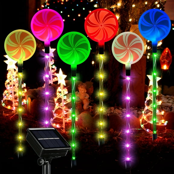 6pcs Solar Color-Changing Lollipop Pathway Lights | 7 Colors Outdoor Christmas & Garden Decor | Weather-Resistant Walkway Illumination for Landscaping & Festive Displays