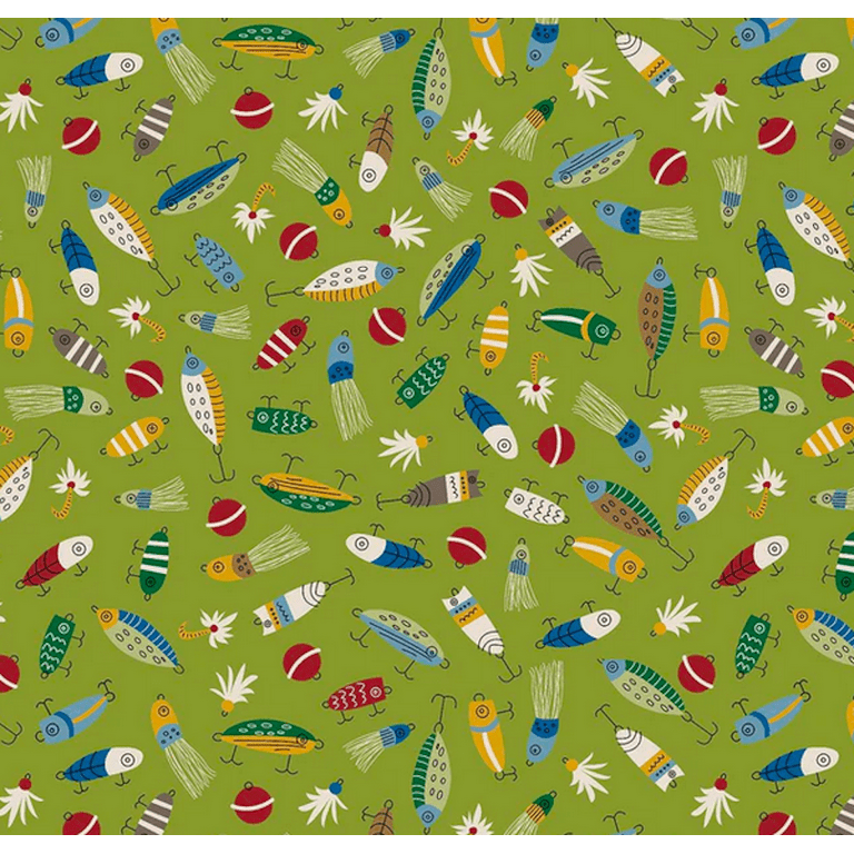 Henry Glass Loving Camp Life Fishing Lures Green Cotton Fabric By The Yard  