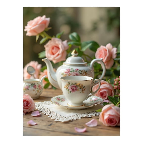 Diamond Art Kit for Adults, Porcelain Tea Set With Roses Diamond Painting for Adults Beginners, DIY Diamond Art Painting Kits, 5D Diamond Painting Crafts for Home Decor 12x16 Frameless