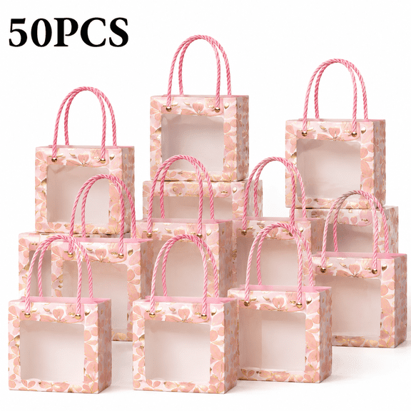 50pcs Pink Gift Boxes with Clear Window, Cherry Blossom Foil Paper Favor Boxes for Wedding, Party and Event Packaging, Mini Elegant Bulk Gift Boxes for Candy, Souvenirs and Decorative Presents