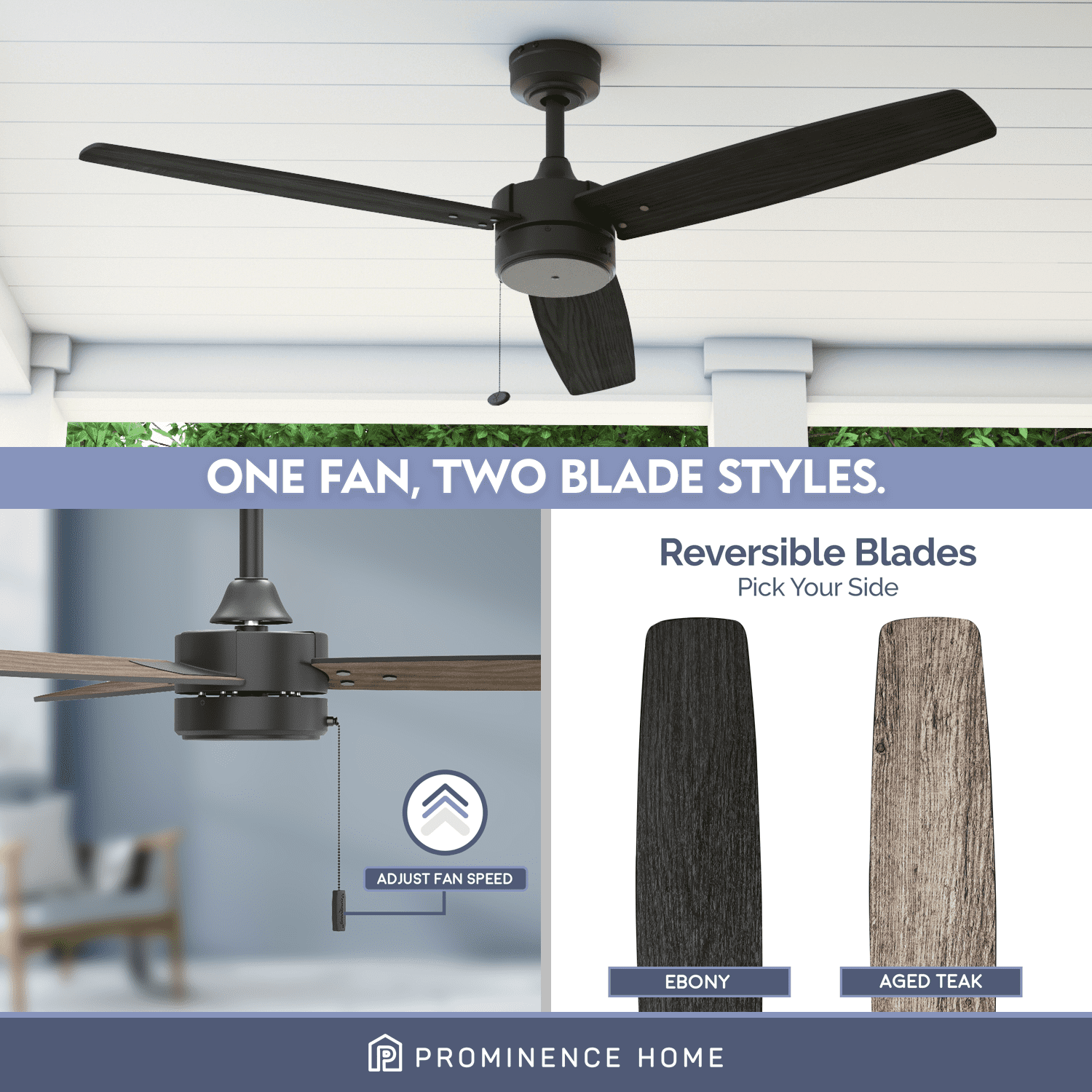 Prominence Home Journal 52" Matte Black Modern Indoor/Outdoor Ceiling Fan with 3 Blades, Pull Chain & Reverse Airflow