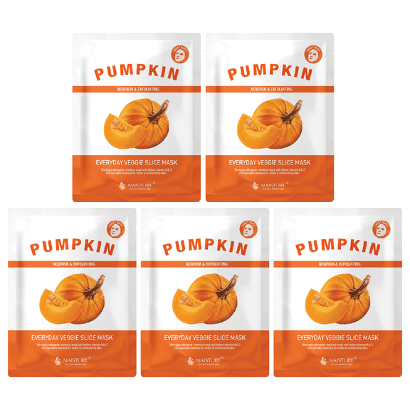 Naisture Pumpkin Veggie Slice Face Mask Pack, Hydrating and Brightening Sheet Masks for Sensitive Skin, Superfood K-Beauty Skincare (5pc)