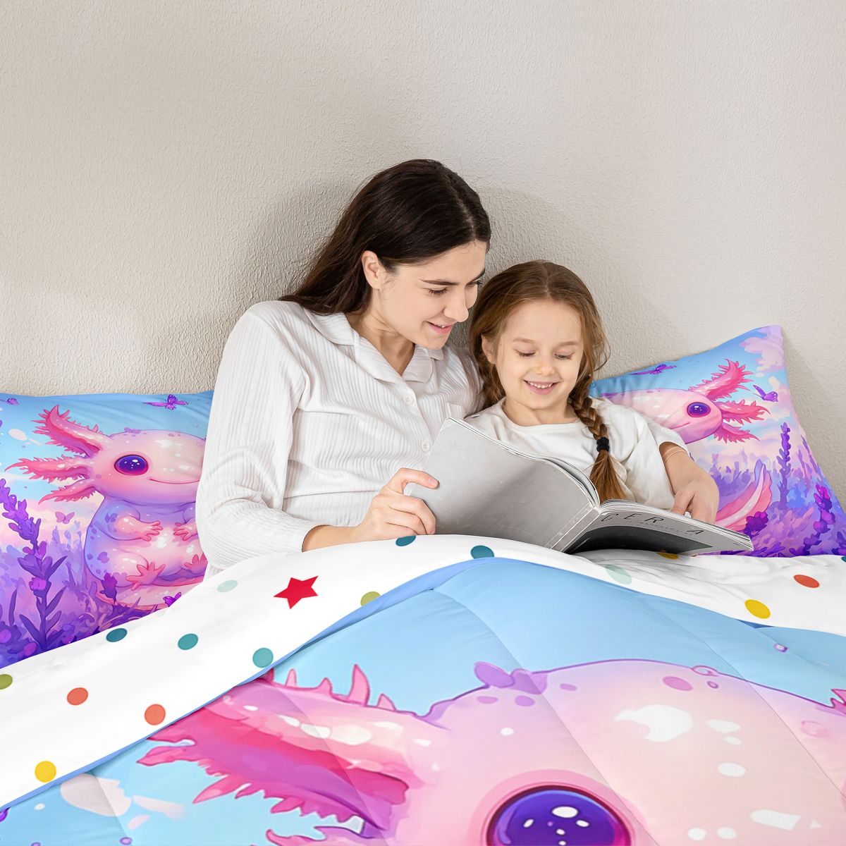 Homewish Cute Cartoon Axolotl 7 Pieces Bedding Comforter Set,Flower Butterflies Pattern Full Bedding Set,Purple Floral Pink Salamander Fitted Sheet Flat Sheet For Girl,Luxury Bedroom Decor Reversible