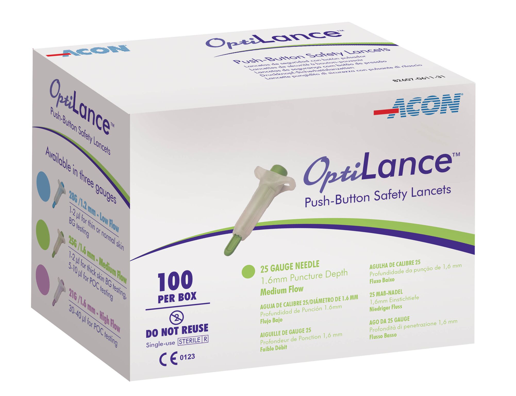 OptiLance PushButton Safety Lancets, 25 Gauge, 1.6 mm