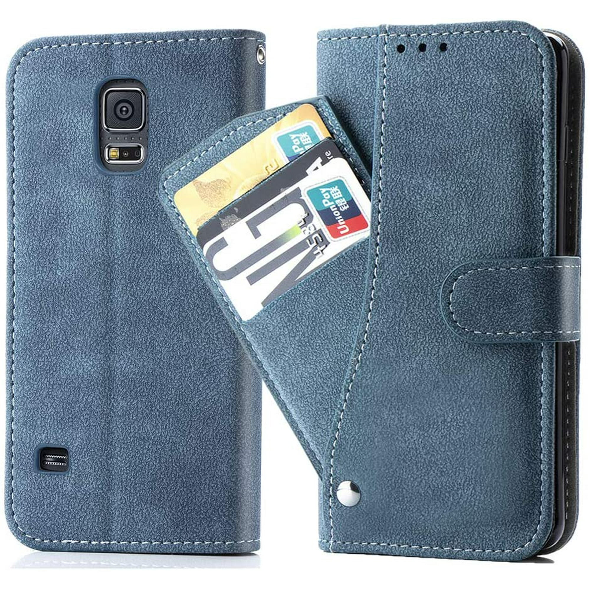 Asuwish Samsung Galaxy S5 / S5 Neo Wallet Case,Luxury Leather Phone Cases  with Credit Card Holder Slot Kickstand Stand Shockproof Flip Folio  Protective Cover for Galaxy S5/S5 Neo Women Men Blue