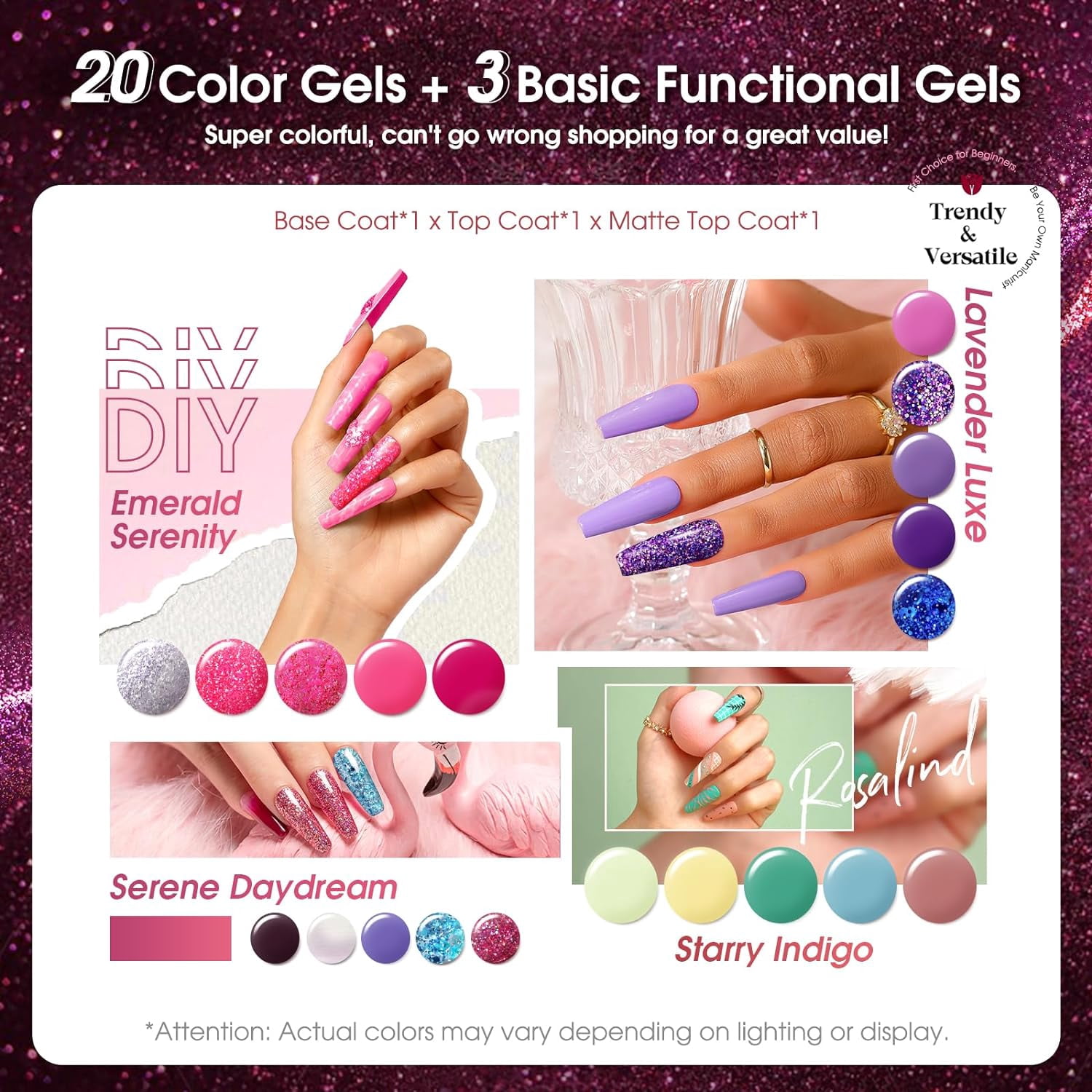 Wiher Glitter Gel Polish Set, 24 Pcs Glitter Hot Pink Glitter Blue Purple Gel Nail Polish with Base & Top Coat, Soak off Need U V/LED Macaron Rainbow Colors Nail Art Gift