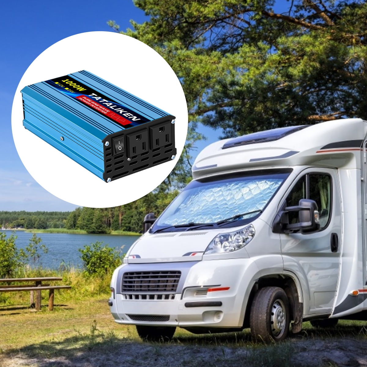 TATALIKEN 1000W（Rating power 400 W）Pure Sine Wave Power Inverter DC 12V to AC 110V/120V Car Inverter with Battery Clamp Cable 2 AC Outlets for Power Tools Home Vehicles RV Truck, LCD Display Blue