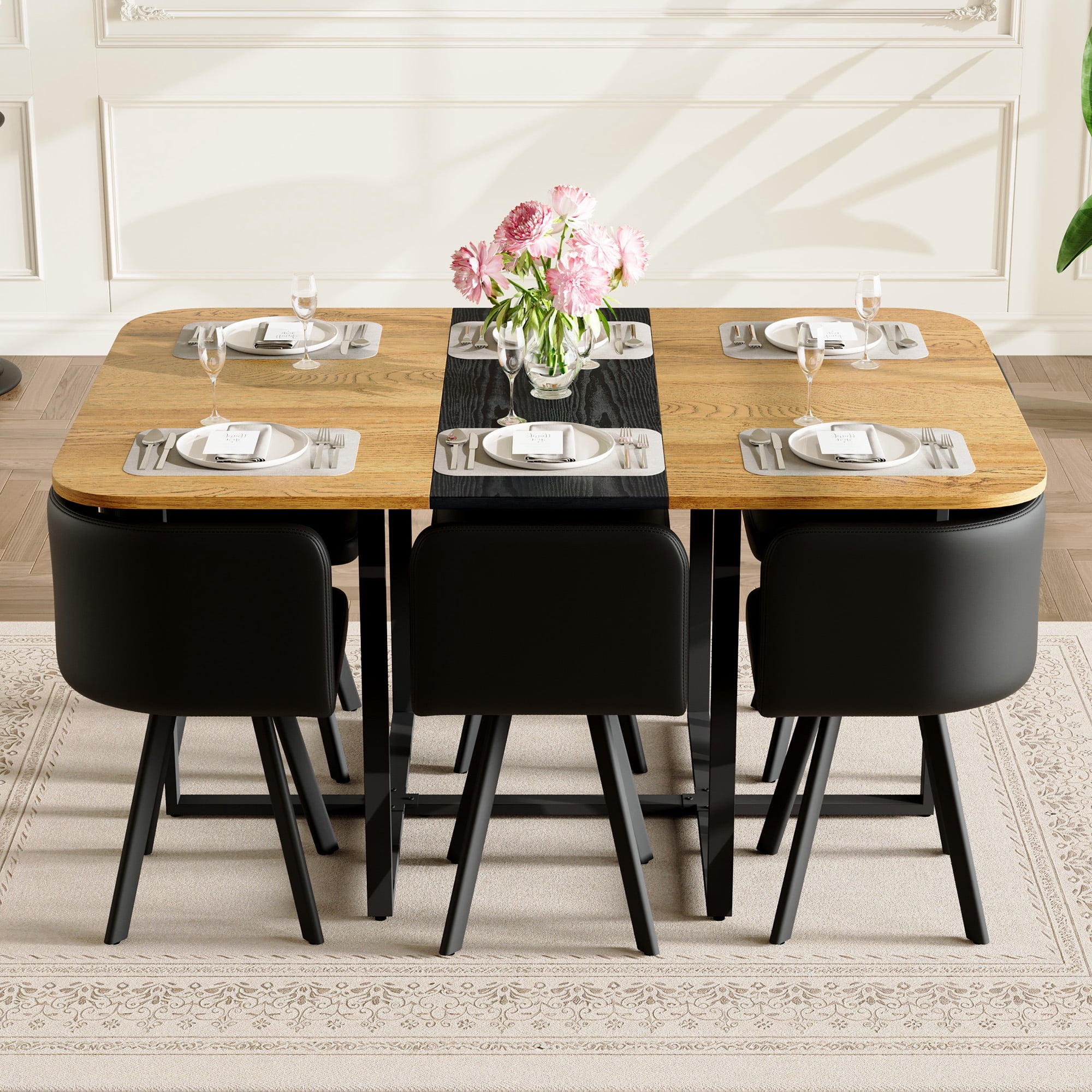 Aukfa 7 Piece Dining Set with 6 PU Leather Chairs,Rectangular 59" Two-Tone Wood Grain Kitchen Table,Metal Frame,Black