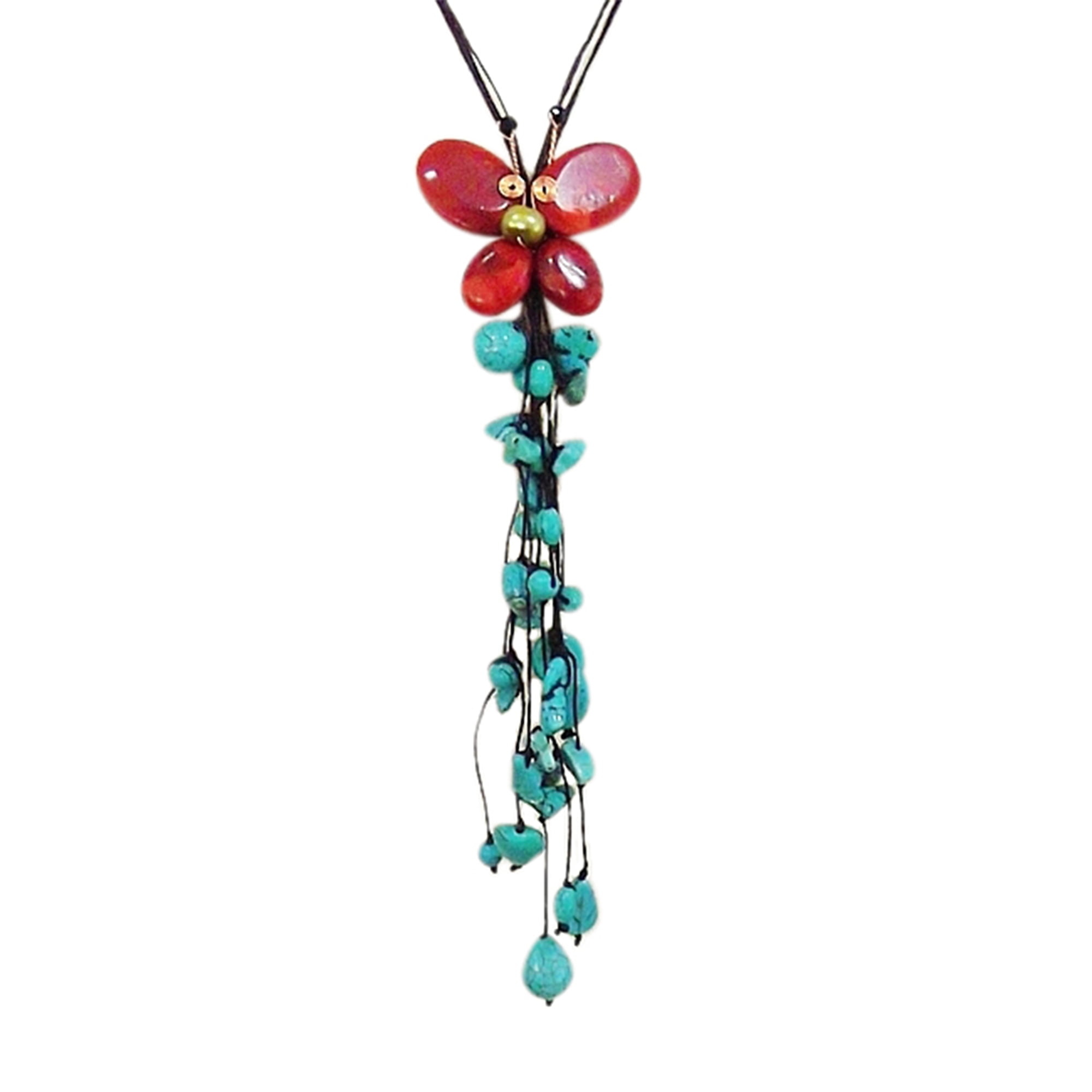 AeraVida Reconstructed Red Coral Butterfly Tassel Turquoise Stones Necklace