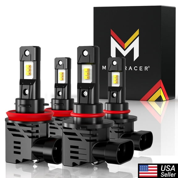 Mega Racer H11 9005/HB3 Wireless LED Headlight Bulb Combo 4 Pack - 6500K Bright White 12V 50W 12000LM - High & Low Beam Replacement Car Bulbs
