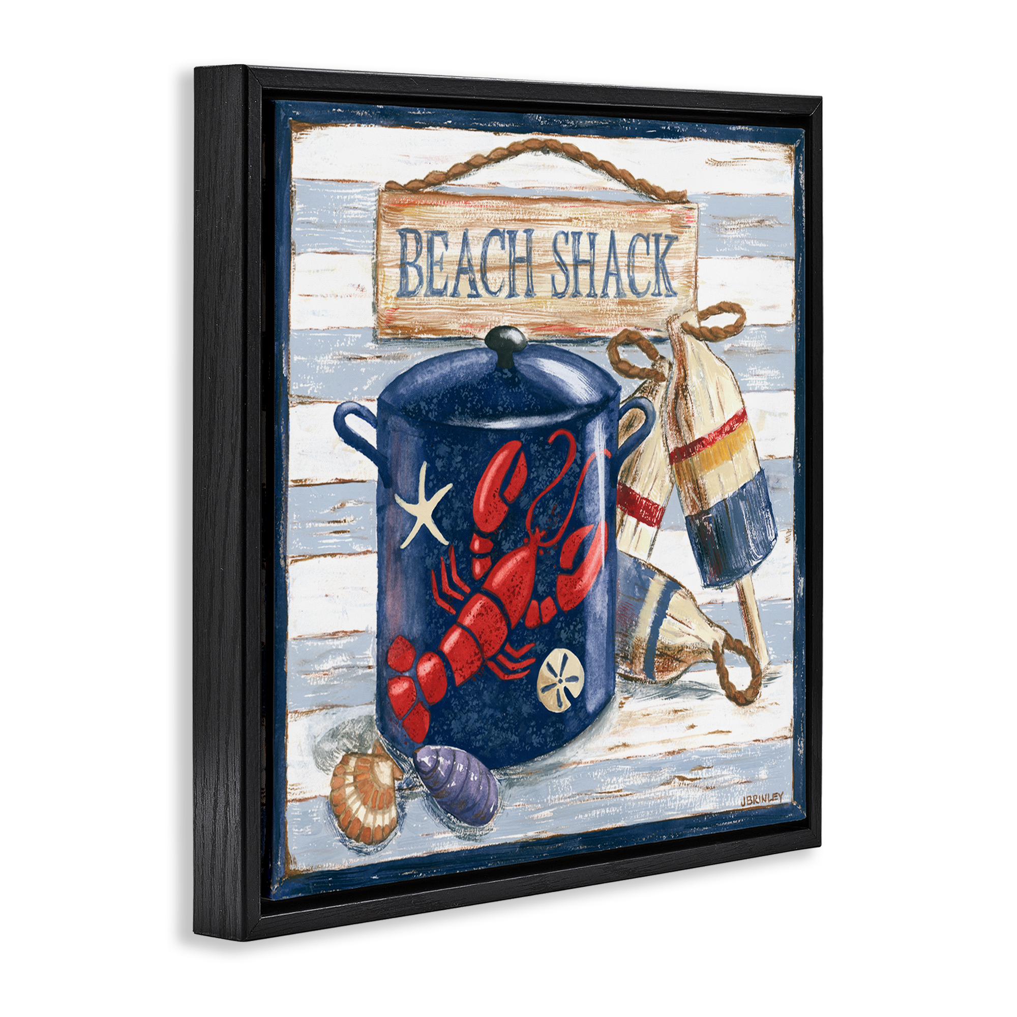 Stupell Industries Beach Shack on Stripes Nautical & Beach Painting Black Floater Framed Canvas Art Print Wall Art, 18 x 18