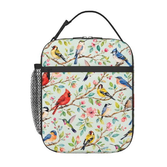 Colorful Songbird Floral Lunch Bag Reusable Thermal Lunch Box with Handle for Women and Men