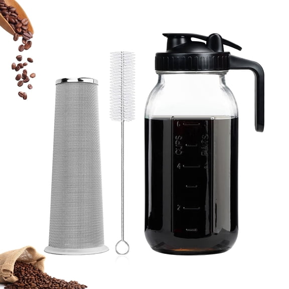 TINANA Cold Brew Coffee Maker, 64OZ Wide Mouth Mason Jar Pitcher with Stainless Steel Filter, Pour Spout Handle Lid, Heavy Duty Glass Airtight & Leak-Proof Pitcher for Iced Brew Coffee & Tea Lemonade