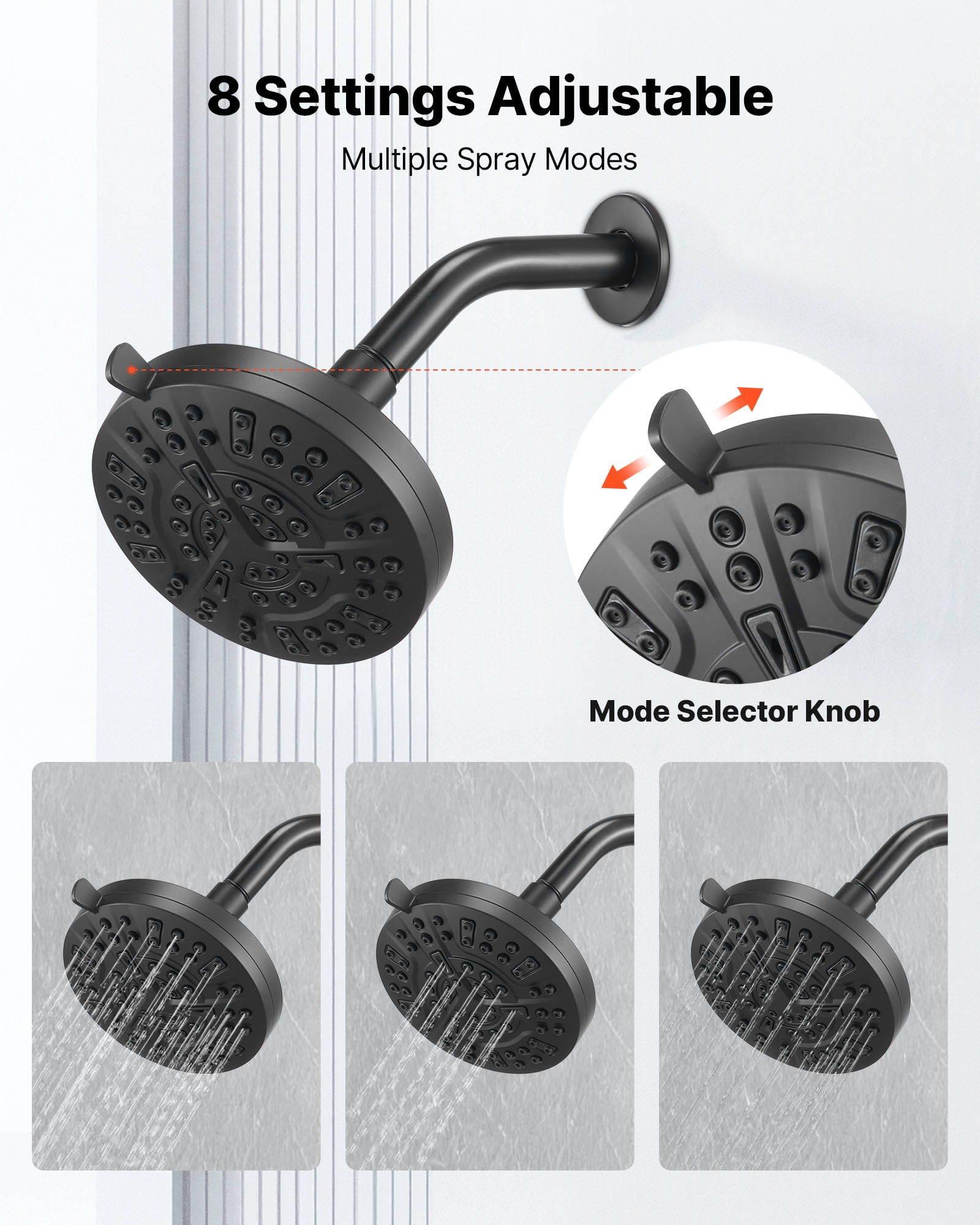 VEVOR Tub and Shower Faucet Set, Complete with 5-Inch Rainfall Shower Head and Bathtub Spout, 8-Setting Adjustable Spray, Single-Handle Tub Trim Kit with Brass Pressure Balancing Valve, Matte Black