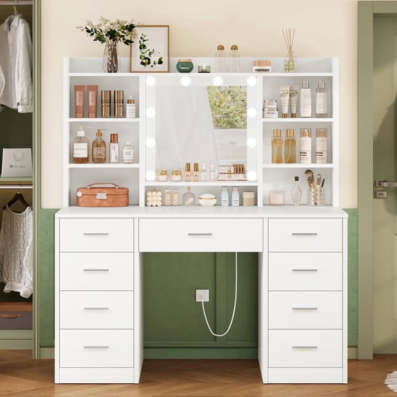 Makeup Vanity Table with 3-Color LED Lights Mirror, Vanity Table with 9 Drawers and 7 Storage Shelves, Vanity Desk for Bedroom Dressing Room, White