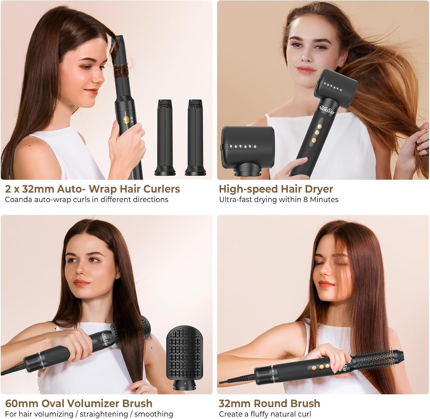 7-in-1 Hair Dryer Brush Set with Diffuser & Concentrator - 110,000 RPM High-Speed Negative Ionic Hair Dryer for Straight, Wavy & Curly Hair