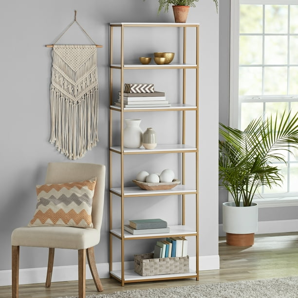 Mainstays 6 Shelf Gold Metal Frame, 6 Foot Bookcase With Doors