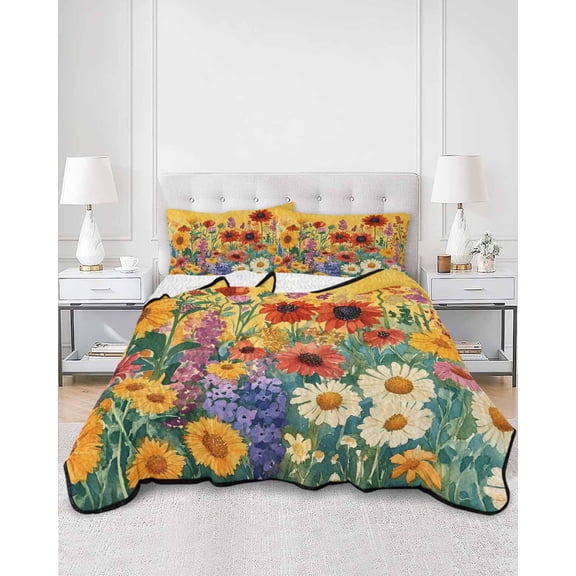 Quilts Twin Size, Colorful Sunflower Soft Comforter Bedding Set for Bed, Farmhouse Botanical Floral Lightweight Quilted Bedspread with Pillow Cover(2 Pieces) for All Season, 68x86 Inch