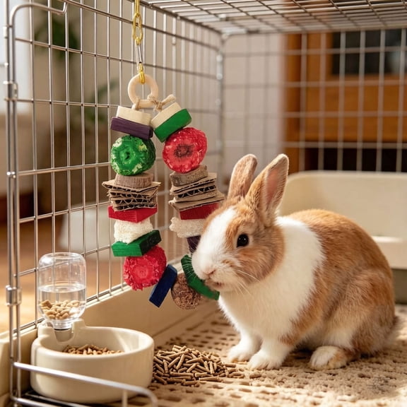 Rabbit Chew Toys for Teeth - Natural Wooden Pet Hanging Toy for Small Animals, Guinea Pigs & Hamsters - 8.3" x 5.1" Cage Accessories for Grinding & Biting