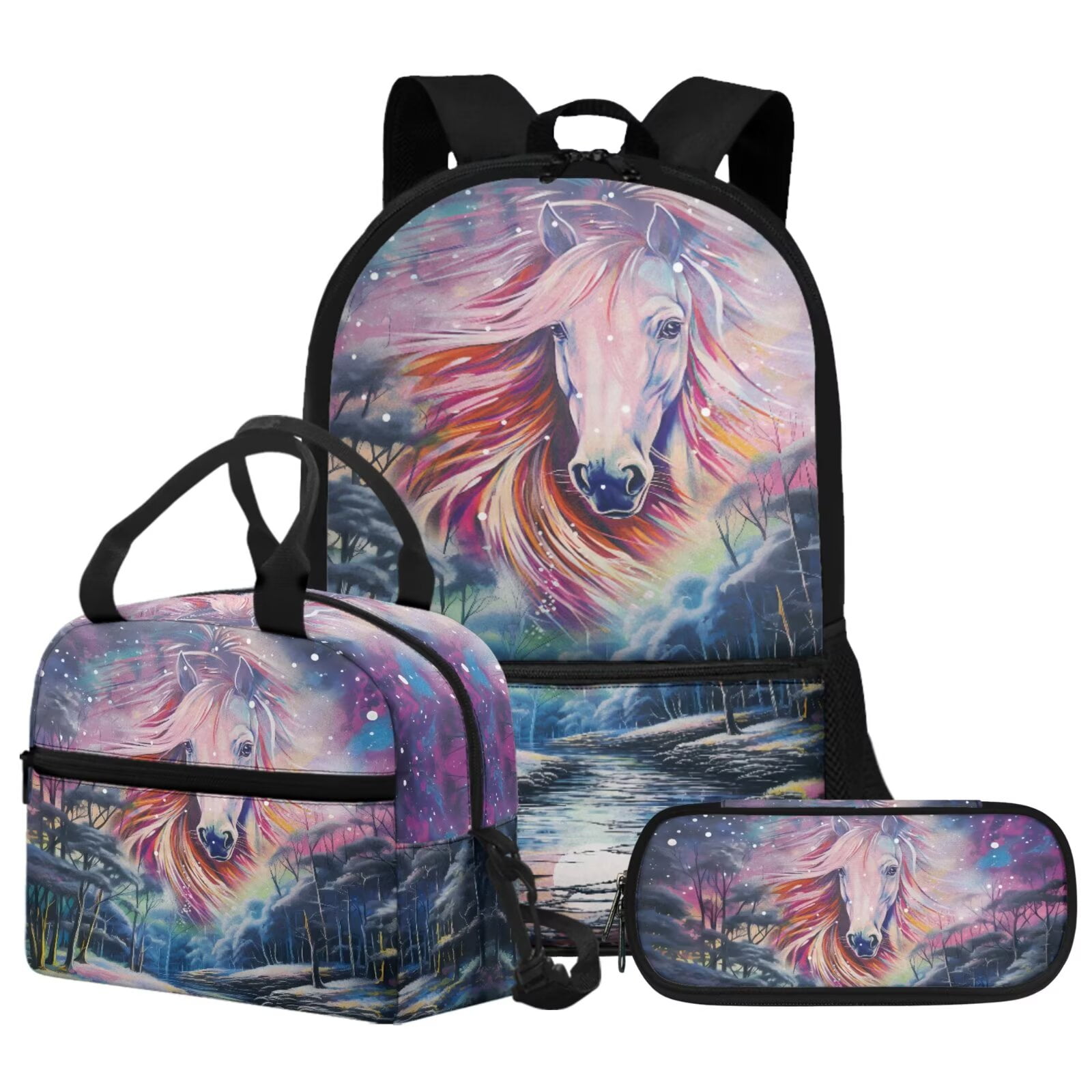 Psesaysky Mountain Horse Backpack with Lunch Box And Pencil Case 3 Pcs School Bag Set Elementary Backpacks with Adjustable Strap Kids 17 Inch School Bag Bookbag Rucksack