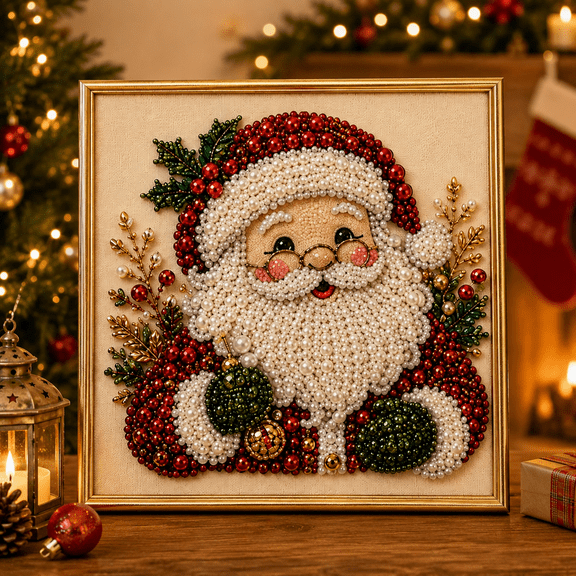 Cmunyle DIY Christmas Pearl Diamond Painting Art Kit with Frame Santa Bead Craft for Adults and Beginners Home Wall Decor