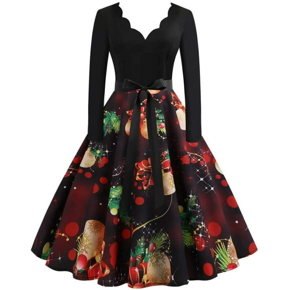 ATTOE Music Note Print Elegant Party Dresses Women 1950s 60s Retro Vintage Robe Plus Size Casual Christmas S-3XL (Color : B002, Size : XXX-Large)