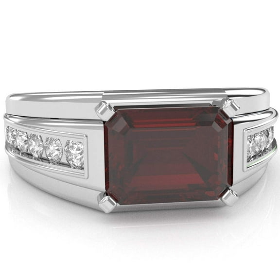 Men's Garnet Diamond Channel Ring In Solid 14k White Gold