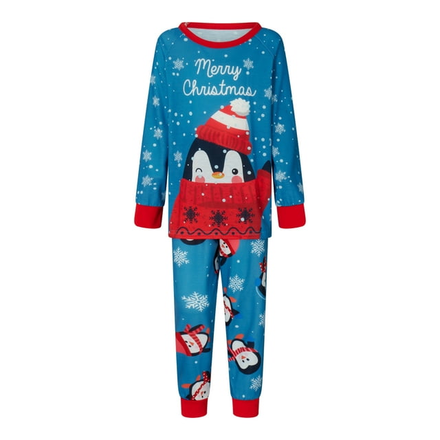 FAROOT Christmas Family Pajamas Matching Set, Letters Print T-shirt with Penguin Snow Print Pants