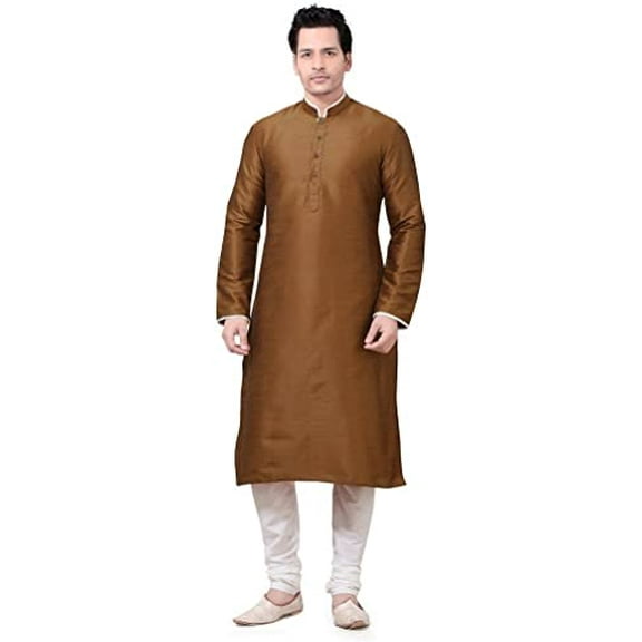 Royal Kurta Men's Dupion Silk Contrast Piping Kurta Churidar Bronze