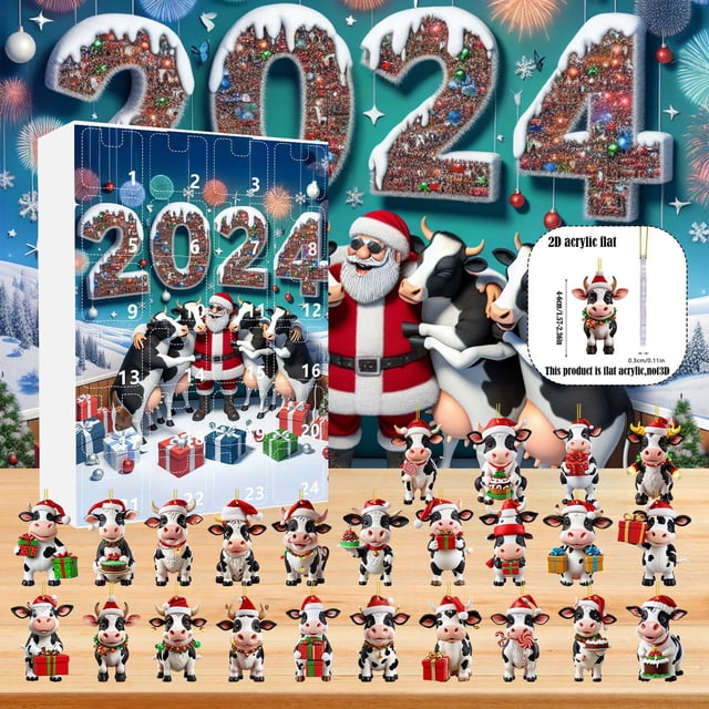Calendario de Adviento con cuenta regresiva para decoración navideña Calendario de Adviento navideño de 24 días Adornos navideños de vaca lindos Colgante Figuras de vaca navideñas Accesorios Colgante