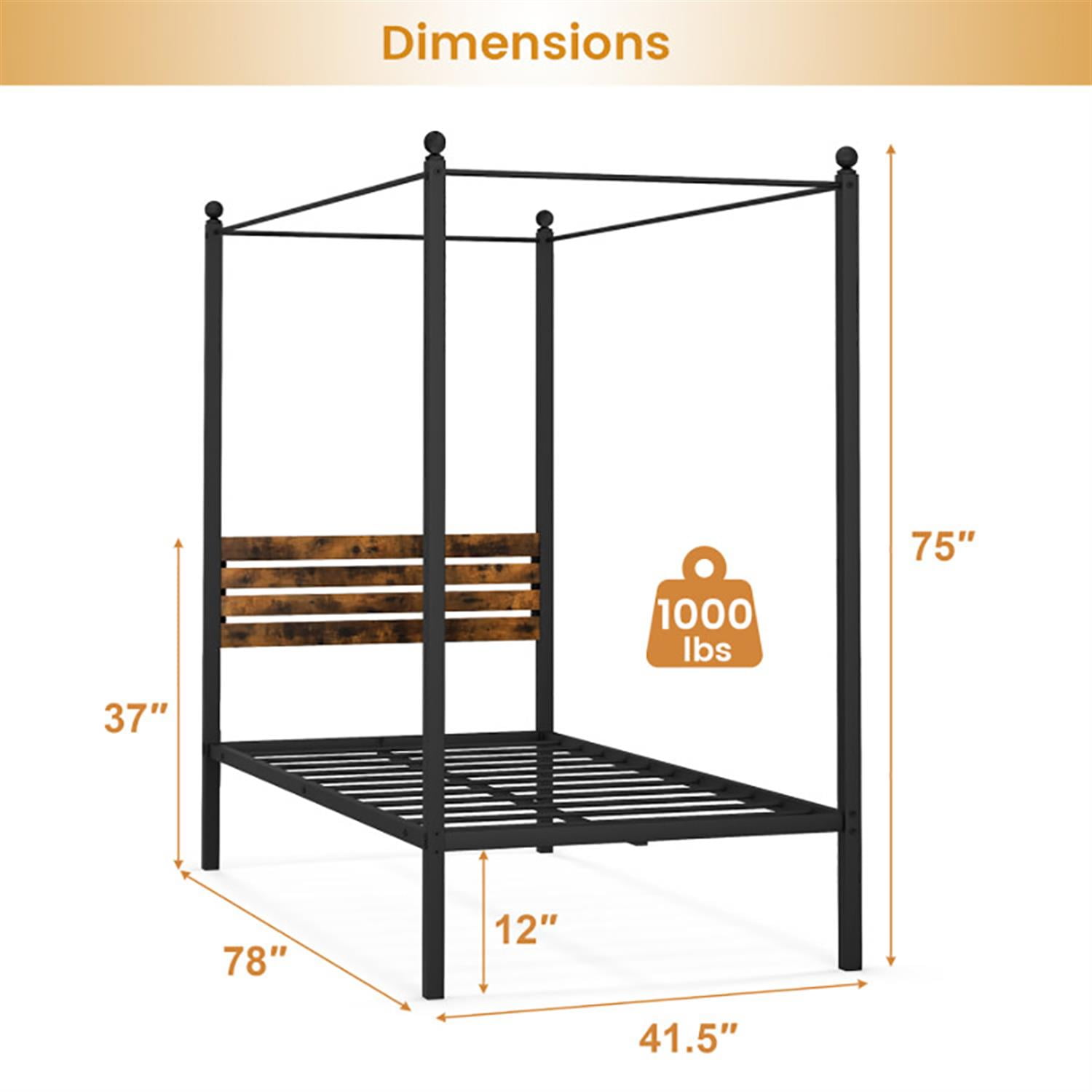 Demi Bonn Twin Size Canopy Metal Platform Bed Frame with Under Bed Storage, Steel Slat Support, No Box Spring Needed, Black