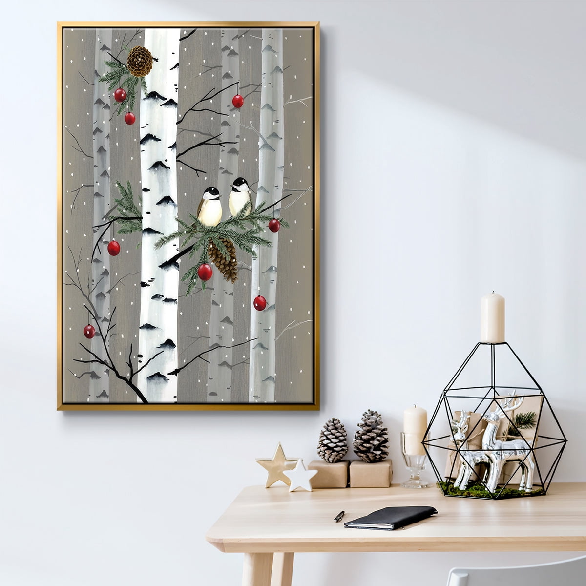 Birch Birds I - Framed Gallery Wrapped Holiday Canvas - 27 x 41 - Gold Frame