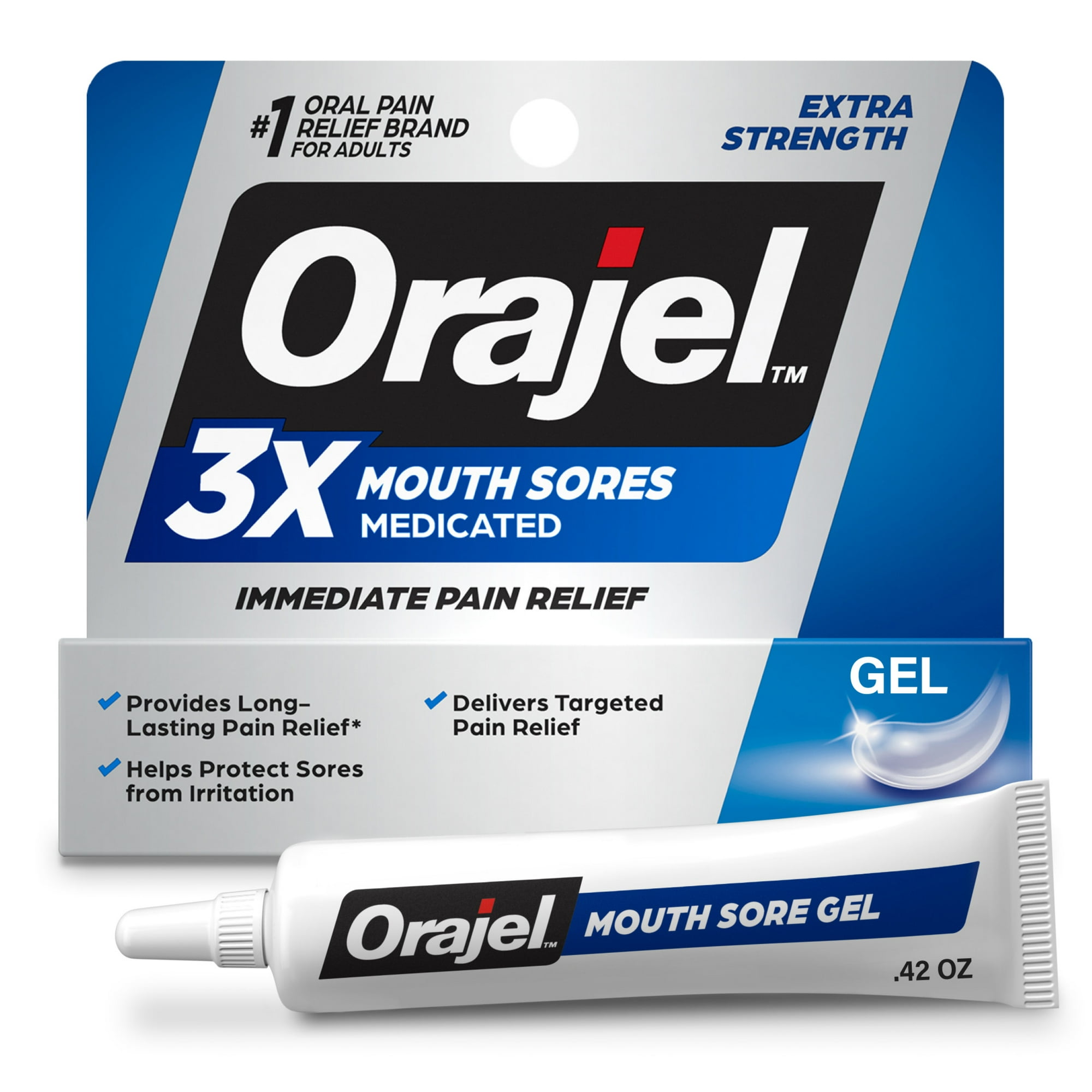 Orajel 3X Medicated for All Mouth Sores Gel with Benzocaine, Oral Pain Reliever, 0.42 oz