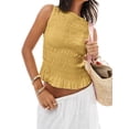 thumbnail image 6 of Women Shirred Tank Top Ruffle Sleeveless Tanks Frill Smocked Crew Neck Tops Light Yellow M, 6 of 6
