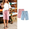 thumbnail image 2 of ZACPNCV 2PC Girls Casual Bermuda Shorts Kids Knee Length High Waisted Summer Shorts Comfy Drawstring Short Pants with Pockets Light Blue 3-4 Years, 2 of 5