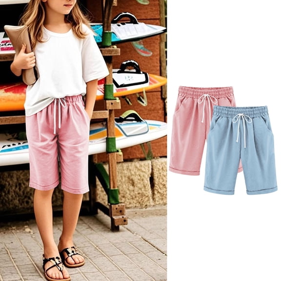 CQONEPT 2 Pack Summer Shorts for Girls Casual Bermuda Athletic Long Shorts Elastic Waistband Pant with Pockets 3-13 Years Light Blue 12-13Years