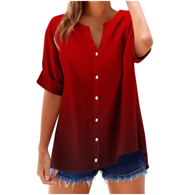 Cinvoph Womens Summer Tops 3/4 Sleeve V Neck Gradient Color T Shirts Casual Loose Lounge Workout Basic Tees Clothes