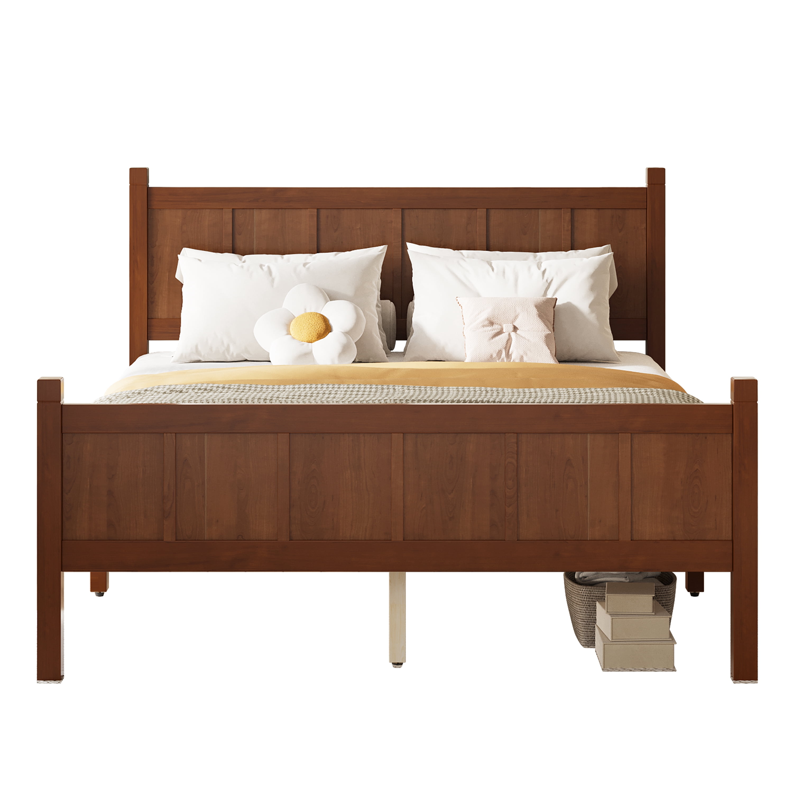 Euroco Wood Full Size Platform Bed with Headboard and Footboard, Dark Walnut