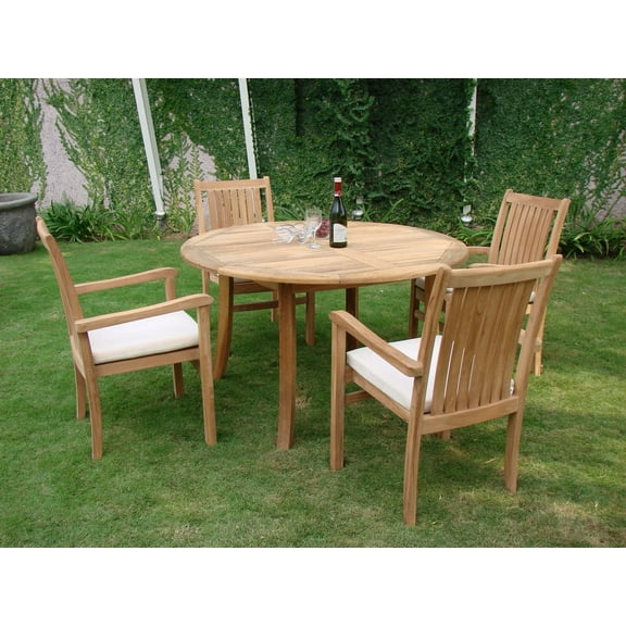 Teak Dining Set:4 Seater 5 Pc - 48" Round Table And 4 Cahyo Stacking Arm Chairs Outdoor Patio Grade-A Teak Wood WholesaleTeak #WMDSCH2