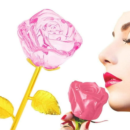 Rose Colored Crystal (WALFRONT 24K Gold Plated Long Stem Artificial Rose Flower Colored Crystal Glass Rose Birthday Valentines Gift (Bud-Pink), Long Stem leaf texture Rose Flower, Pink)