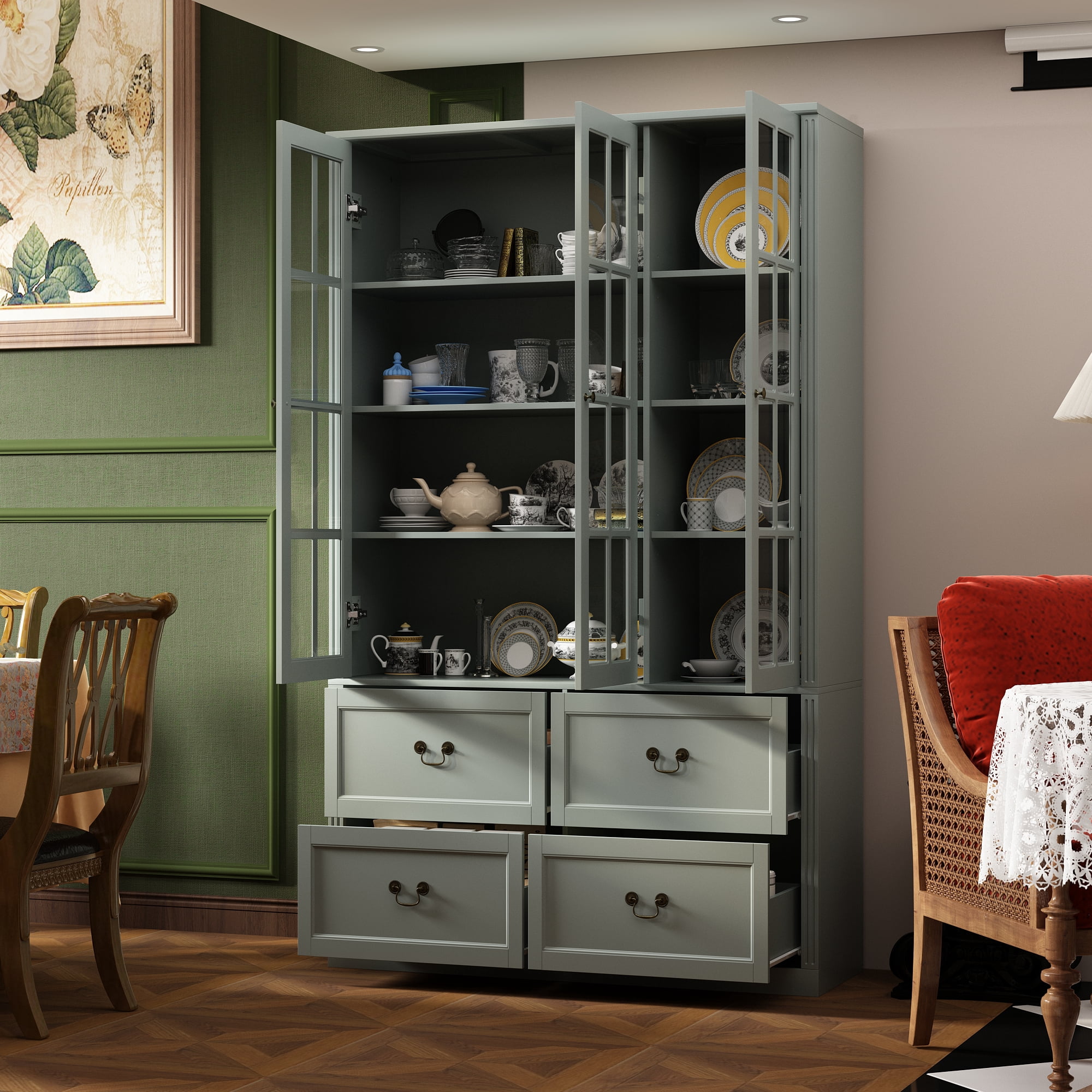 KULAGAGA 78.7" H Kitchen Pantry Cabinet with 4 Drawes, Display Storage Cabinet Bookcase for Home Office, Light Gray