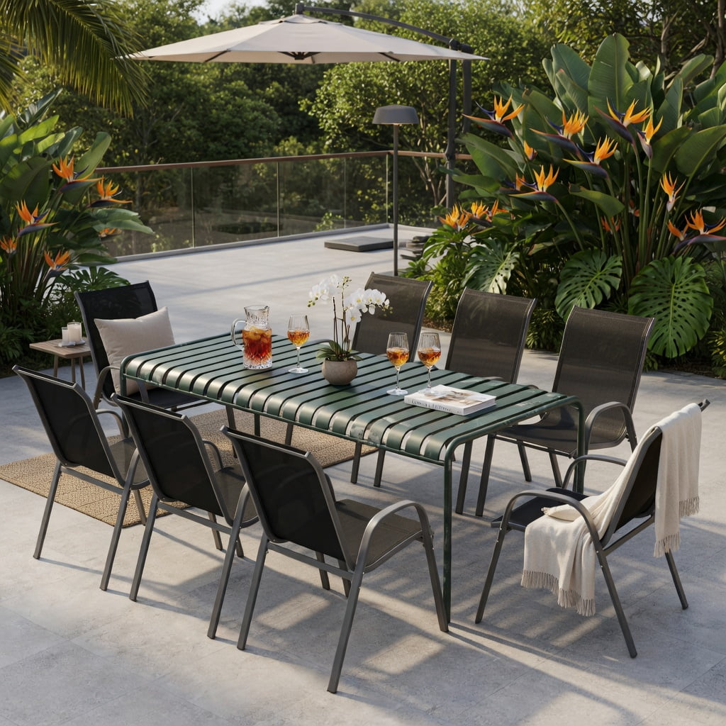 Hommoo 2-Pack Stackable Outdoor Dining Chairs with Armrests, Fabric, Steel Frame, Ergonomic Design for Patio, Deck or Balcony, Black