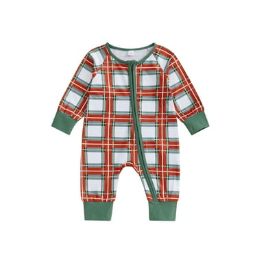 Suealasg Baby Boy Girl Full Length Jumpsuit  Headband 3 6 12 Months Newborn Long Sleeve Plaid Print Zip Up Romper Fall Footed Bodysuits Infant Christmas Clothes
