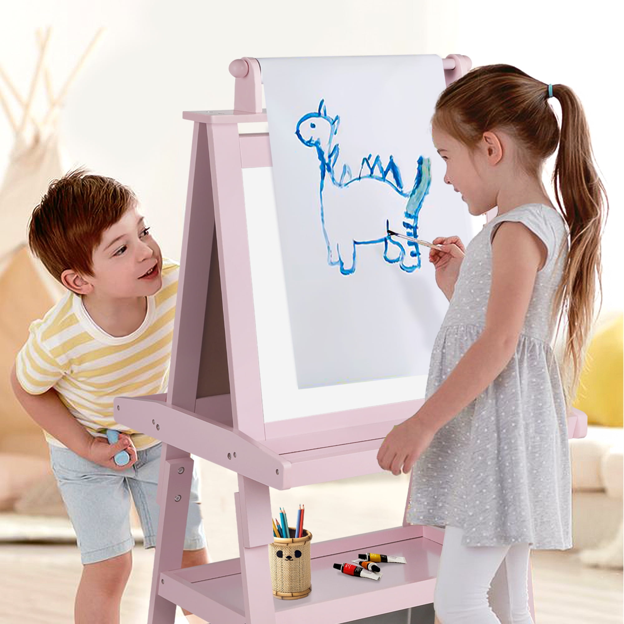 AILEEKISS 3 in 1 Kids Art Easel Double-Sided Magnetic Whiteboard Chalkboard with Paper Roller, Pink
