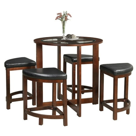 Roundhill Furniture Cylina Solid Wood Glass Top Round Counter Height Table Set