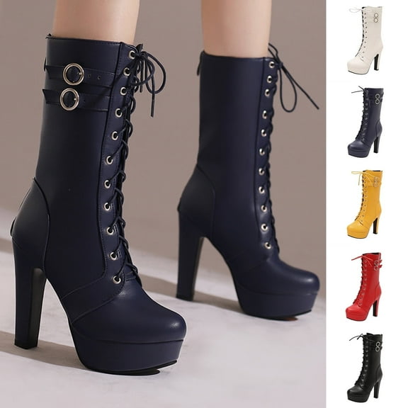 LOVZFMLL Boots for Women Mid Calf Winter Boots Lace Up Round Toe Adjustable Straps High Chunky Heel Military Fall Winter Fashion